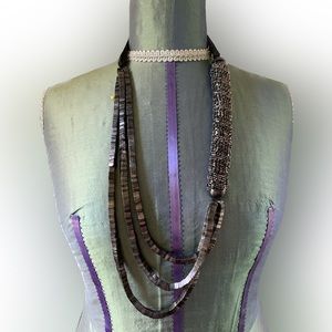 NECKLACE| beaded| silk ribbon| grey| Italian design